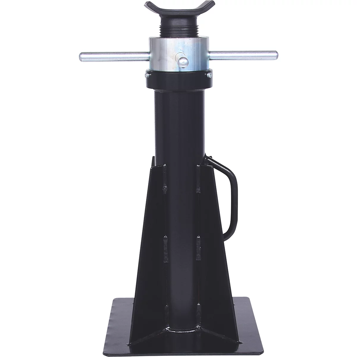 Schwarze, verstellbare Wagenheberstütze. Ein solides, quadratisches Fundament trägt einen sich verjüngenden Ständer und eine verstellbare Oberseite.